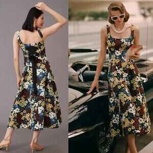 Anthropologie Floral Midi Dress in Black, Yellow, White, Blue